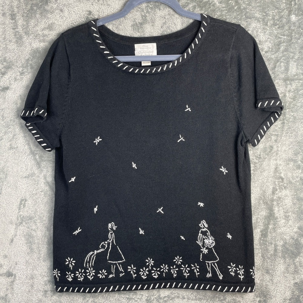 VTG Y2K Hand Embroidered Knit Top Womens M Black White Flowers Girls Butterflies